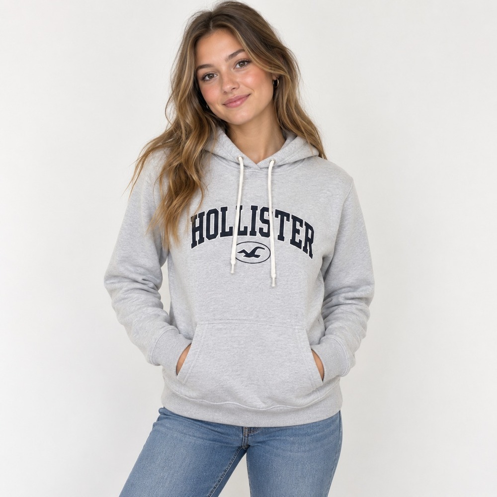 Hollister Womens Small Gray Pullover Hoodie Spellout Logo Y2K Sweatshirt